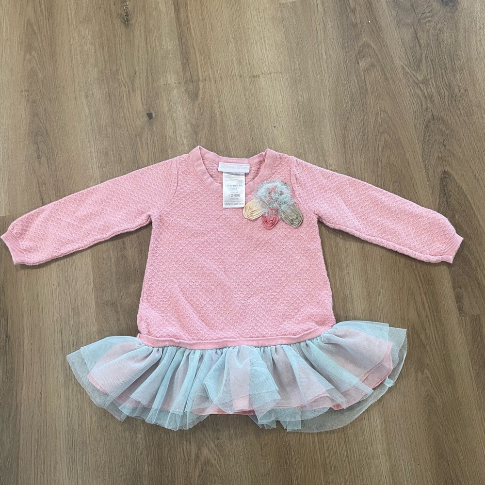 Bonnie baby pink sweater with blue ruffle tulle‎ around the bottom 24 months